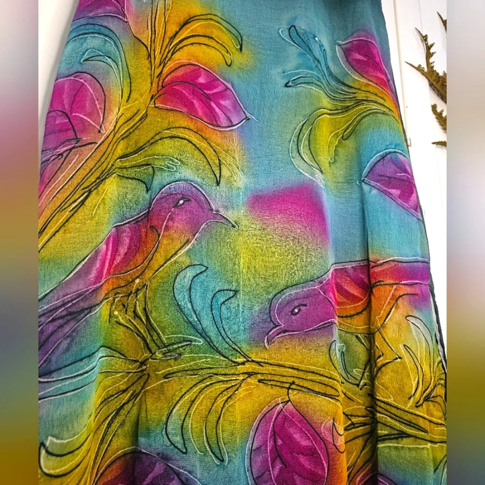 Vintage Maxi Semi-sheer Bird Print Beach Coverup Sleeveless Multicolor Dress - Picture 5 of 13